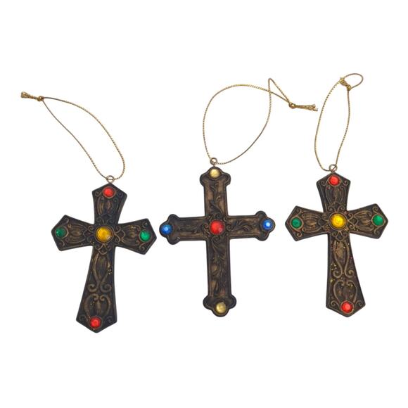 Lot of 3 VTG Antiqued Gold Tone Cross Jeweled Christmas Ornament 3.5" b - Picture 1 of 7